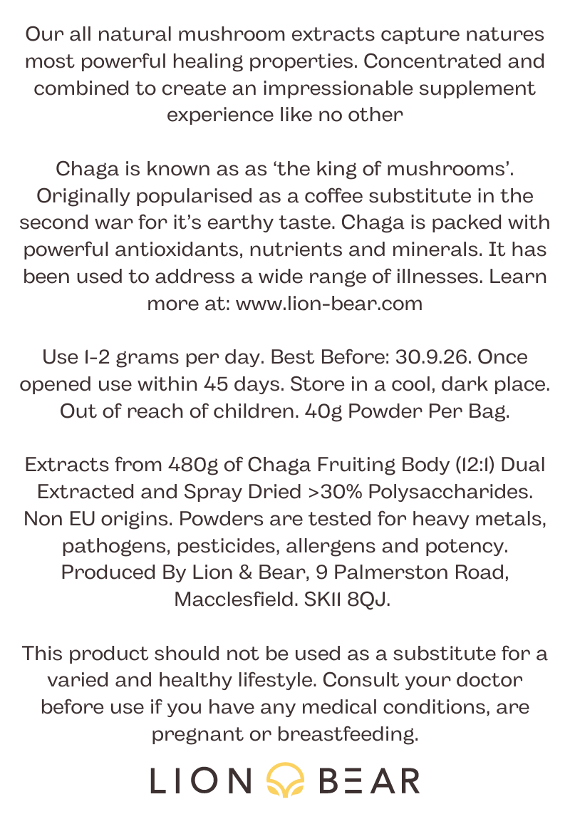 Chaga Extract Packaging Reverse Side of Label detailing Ingredients, Instructions and Disclaimer