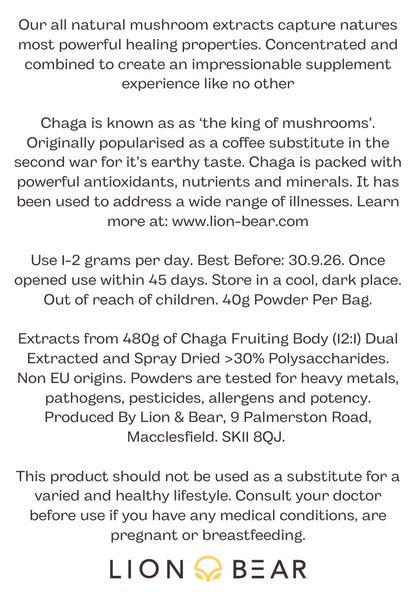 Chaga Extract Packaging Reverse Side of Label detailing Ingredients, Instructions and Disclaimer