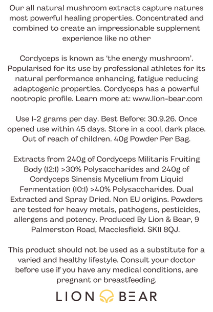 Cordyceps Extract Packaging Reverse Side Featuring Instructions, Ingredients and Disclaimer