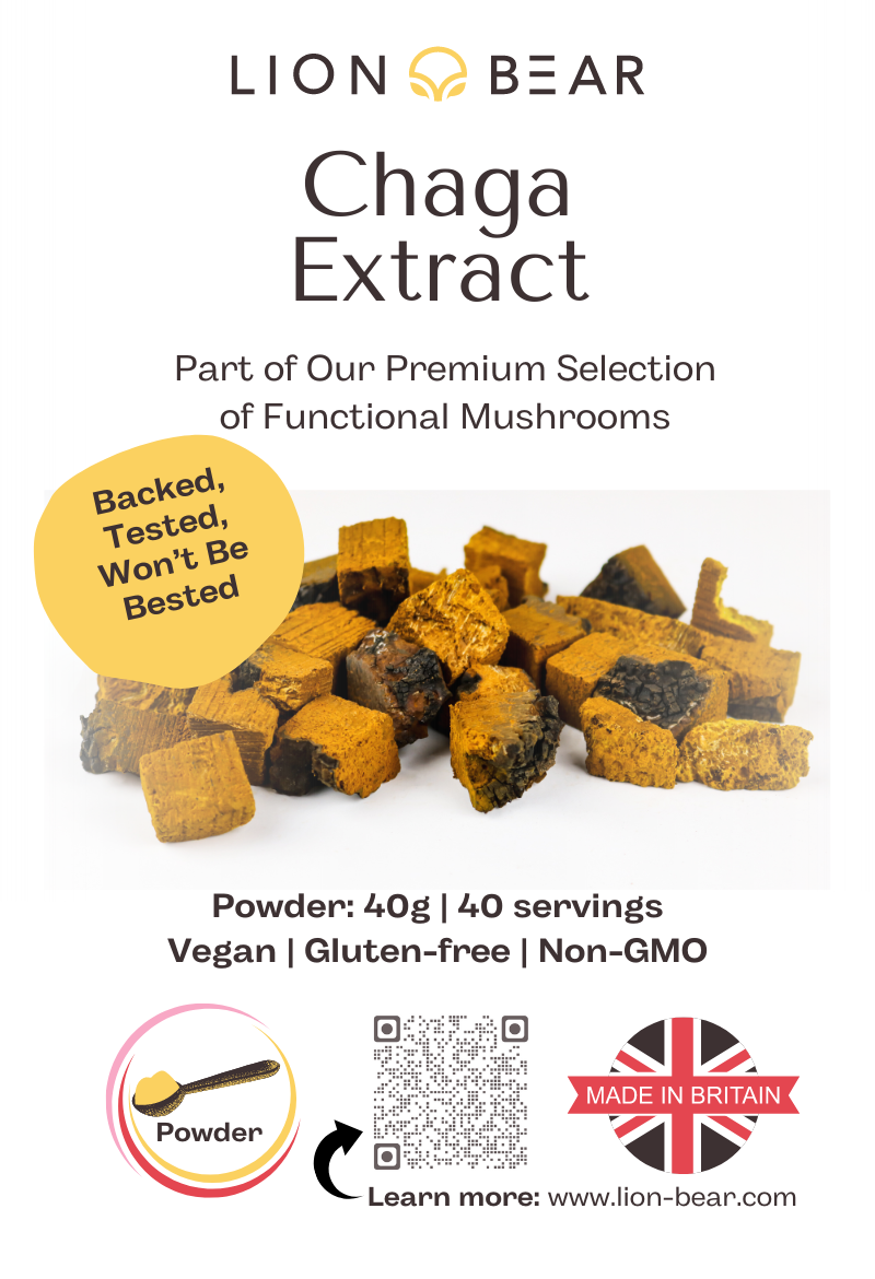 Chaga Extract Packaging Front Side Featuring pieces of Chaga