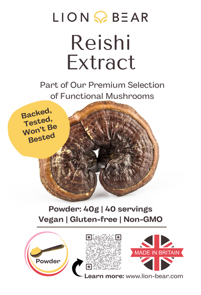 Reishi Extract Packaging Front Side featuring a Reishi mushroom fruiting body