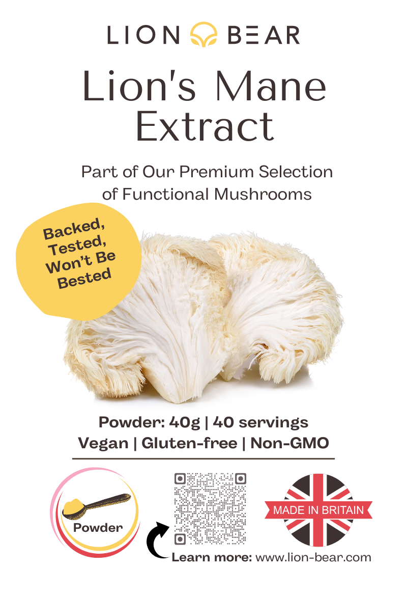 Lions Mane Extract Packaging front side featuring a Hericium Erinaceus Fruiting Body