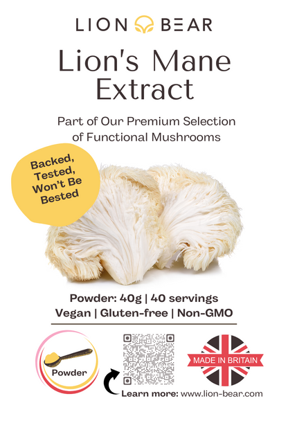 Lions Mane Extract Packaging front side featuring a Hericium Erinaceus Fruiting Body