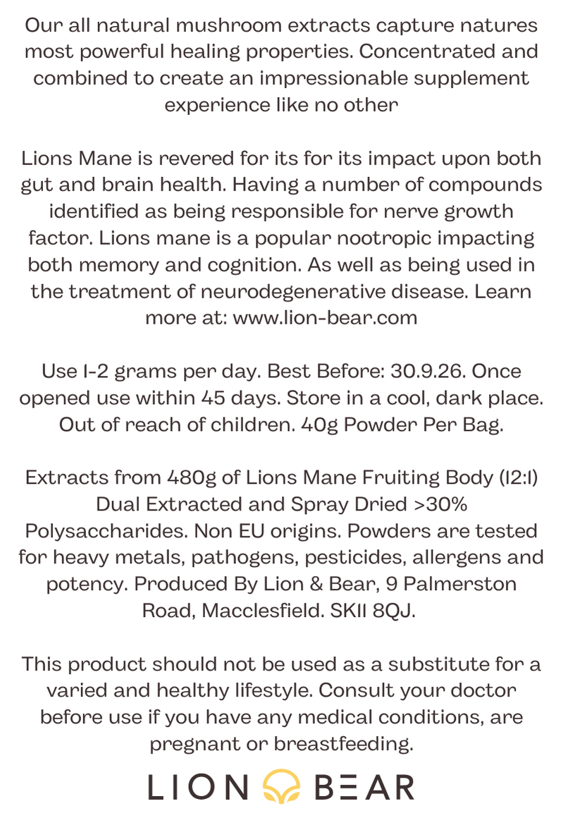 Lions Mane Extract Reverse Side with instructions, ingredients and Disclaimer