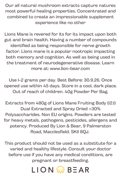 Lions Mane Extract Reverse Side with instructions, ingredients and Disclaimer