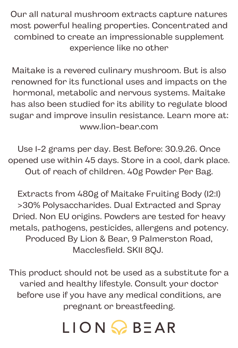 Maitake Extract Packaging Reverse side with instructions, ingredients and disclaimer