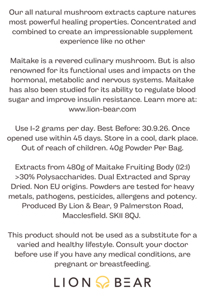 Maitake Extract Packaging Reverse side with instructions, ingredients and disclaimer