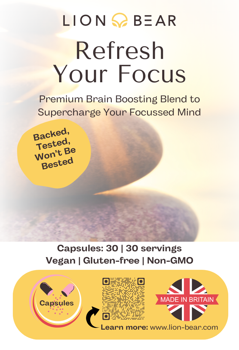 Refresh Your Focus Capsules Packaging Front Side Featuring Stack of Stones Balancing on top of one another