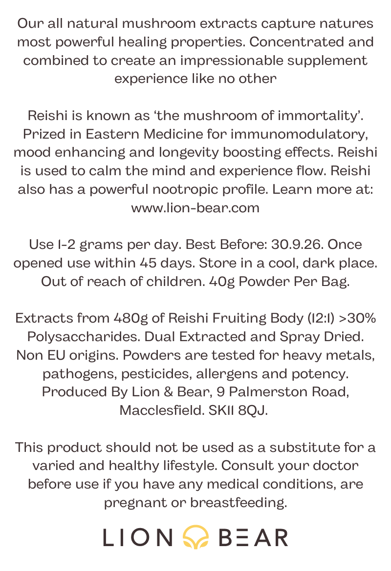 Reishi Extract Packaging reverse side with ingredients, instructions and disclaimer