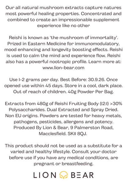 Reishi Extract Packaging reverse side with ingredients, instructions and disclaimer