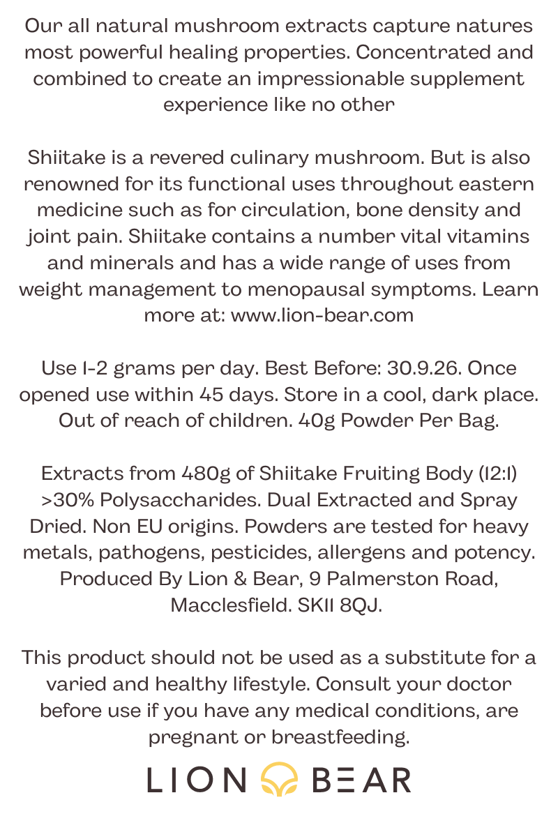 Shittake Extract Packaging reverse side with ingredients, instructions and disclaimer