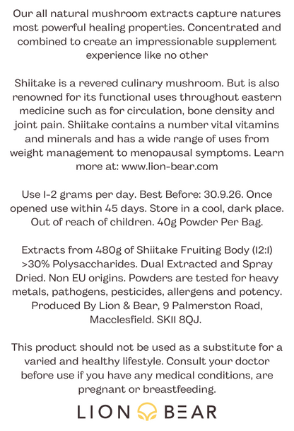 Shittake Extract Packaging reverse side with ingredients, instructions and disclaimer