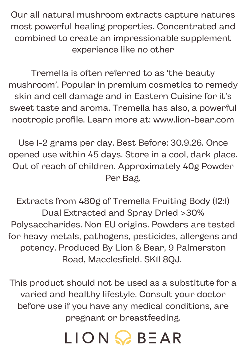 Tremella Extract Packaging Reverse Side with instructions, ingredients and disclaimer