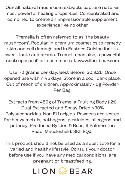 Tremella Extract Packaging Reverse Side with instructions, ingredients and disclaimer